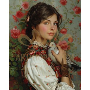 Хубавица с гълъб и рози - Диамантен гоблен LD 405115
