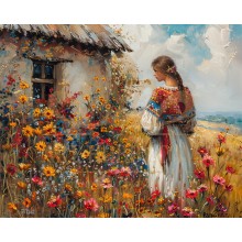 Девойка и селска къща - Диамантен гоблен LD 405141