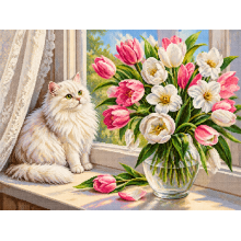 Котка и букет цветя – Диамантен гоблен Котка и букет цветя – Диамантен гоблен