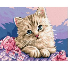 Котенце с розови цветя - Картина по номера ZE 3626