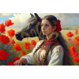 Момиче с макове и кон - Диамантен гоблен LD 405090