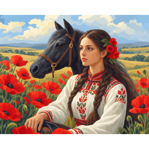 Диамантен гоблен Момиче с макове и кон LD 405090 Диамантен гоблен Момиче с макове и кон LD 405090