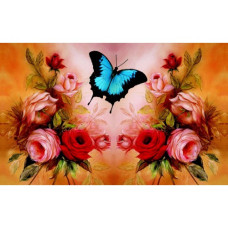 Fluture și flori roz - Goblen de diamante  FL 304098