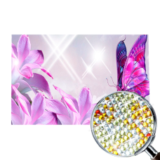 Goblen de diamante cu cristale strălucitoare - Flori mov și fluture  EZ 333027